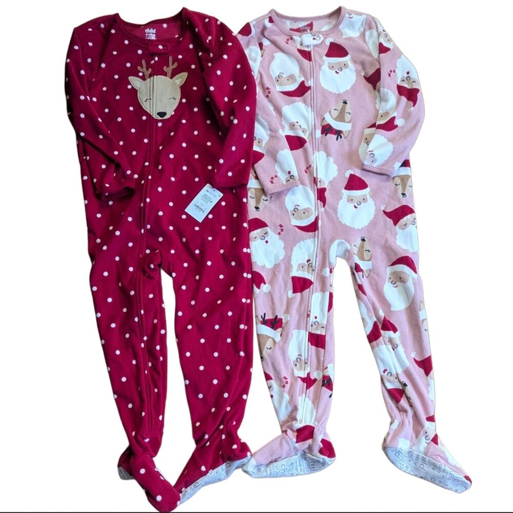 Carters Set Of 2 Long Sleeve Fleece Zip Up Christmas Santa Reindeer Pajamas NWT